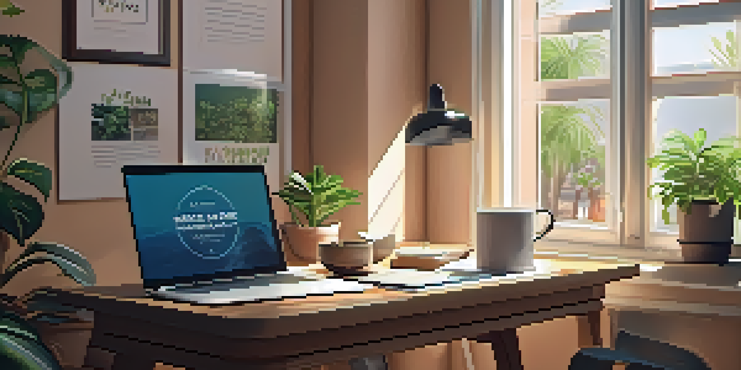 A cozy workspace with a wooden desk, laptop, potted plant, and coffee cup, illuminated by sunlight from a window.