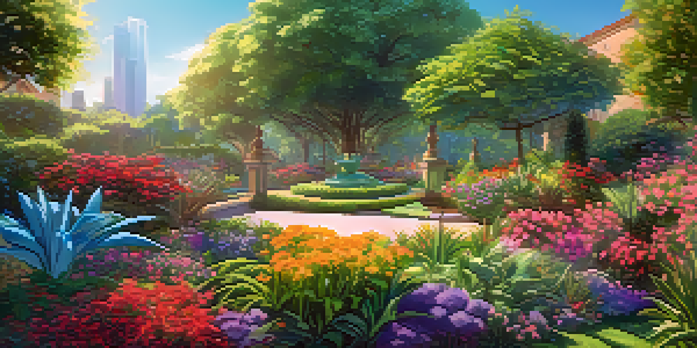 A colorful digital garden representing networking with various plants and flowers symbolizing professional connections under a bright blue sky.