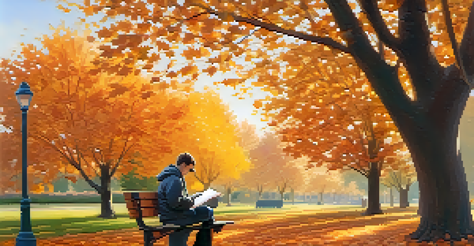 A person sitting on a park bench in autumn, writing in a notebook surrounded by colorful leaves and sunlight.
