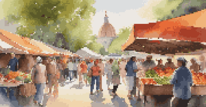 A lively outdoor market with diverse shoppers, colorful stalls of fruits and crafts, and sunlight filtering through trees.