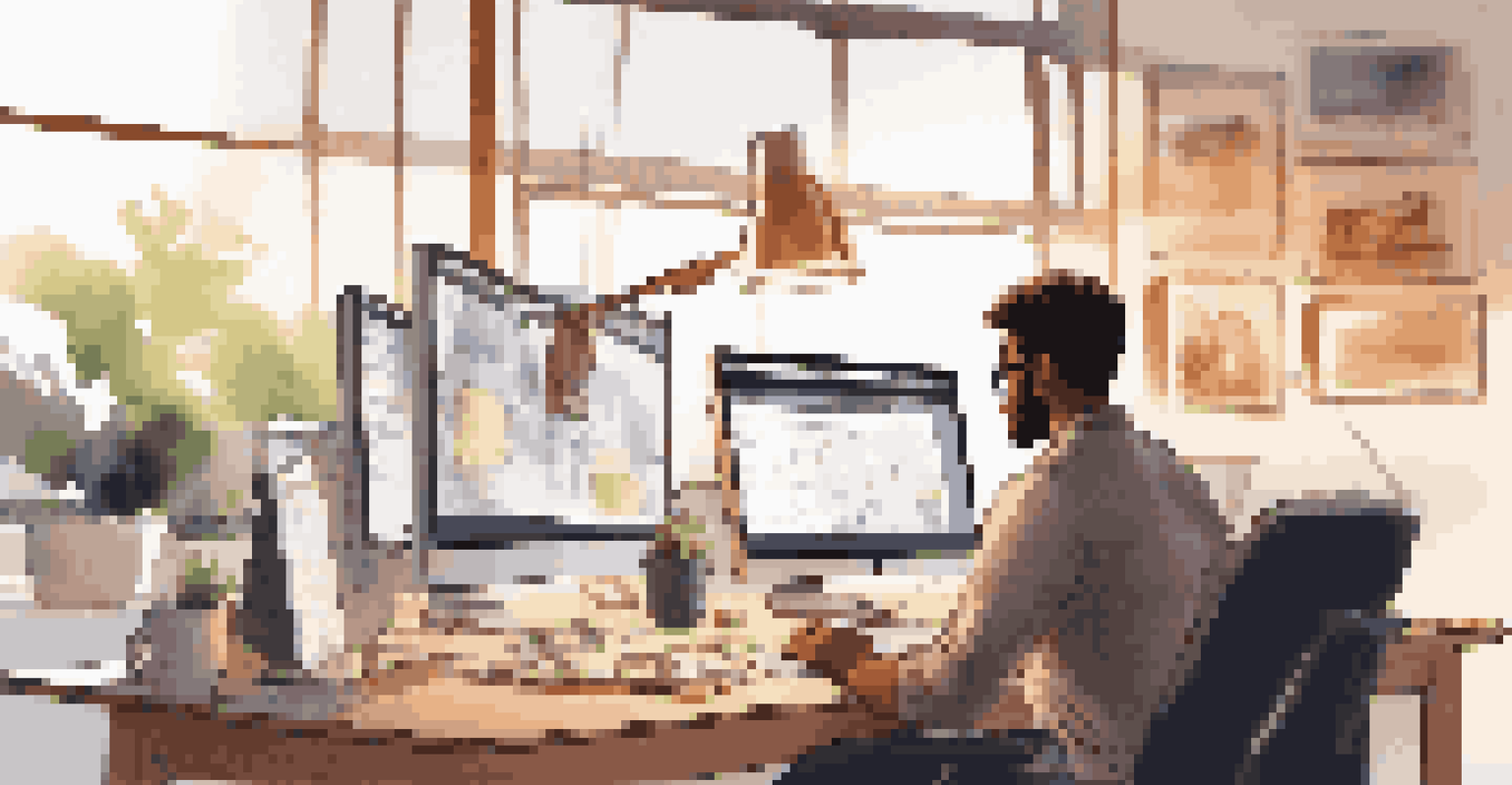 A person focused on project management software at a sleek desk, surrounded by digital devices and warm lighting, indicating a productive work environment.