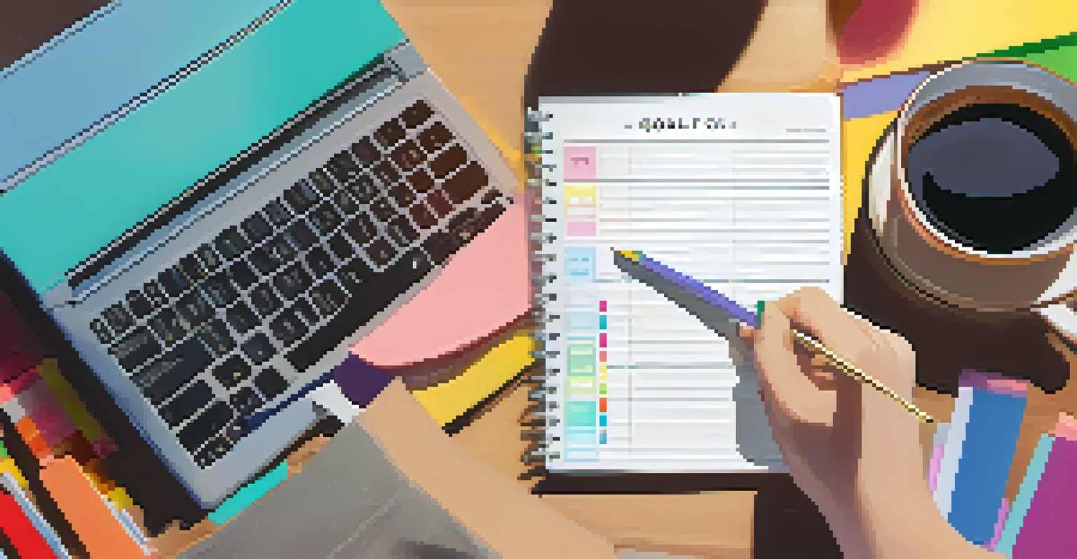 A person writing SMART goals in a planner with colorful stationery and a cup of coffee on the desk.