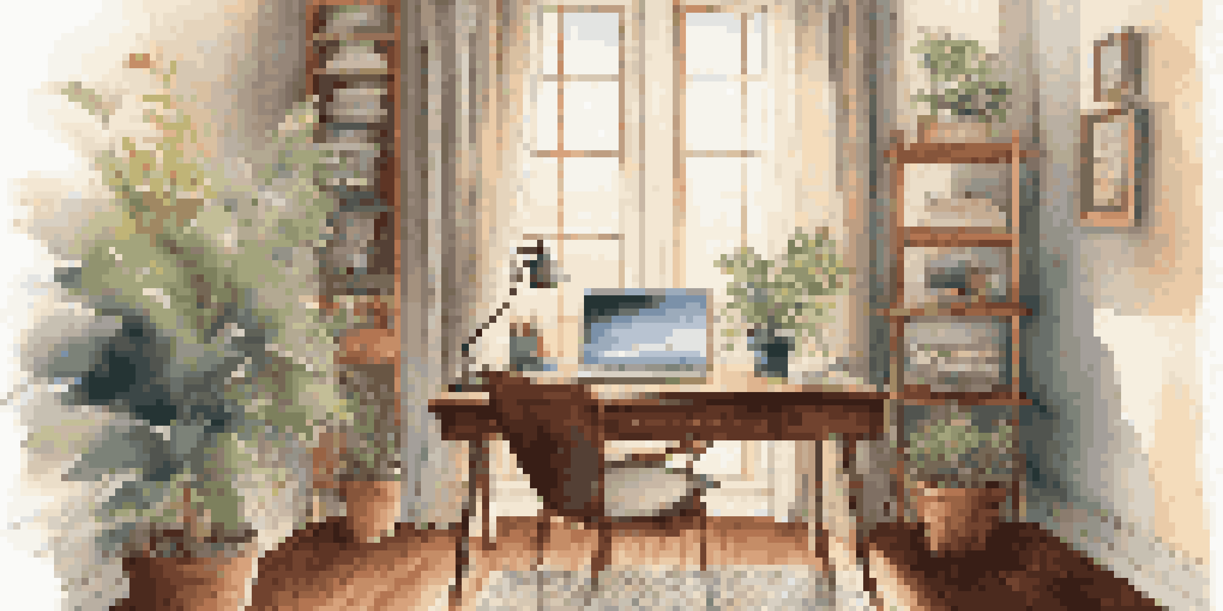A peaceful home office with a desk, laptop, tea, and a plant, illuminated by soft morning light.