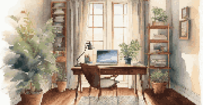 A peaceful home office with a desk, laptop, tea, and a plant, illuminated by soft morning light.