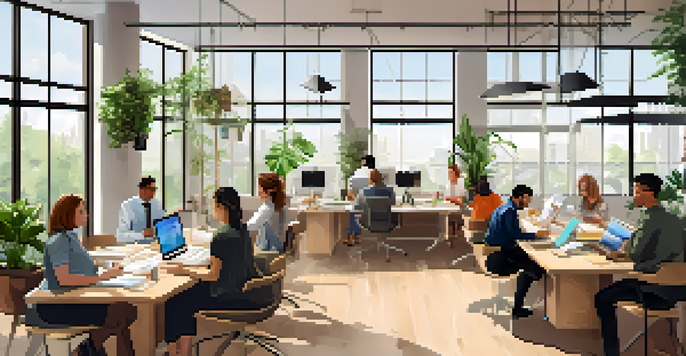A diverse group of professionals collaborating in a bright office workshop, surrounded by greenery.