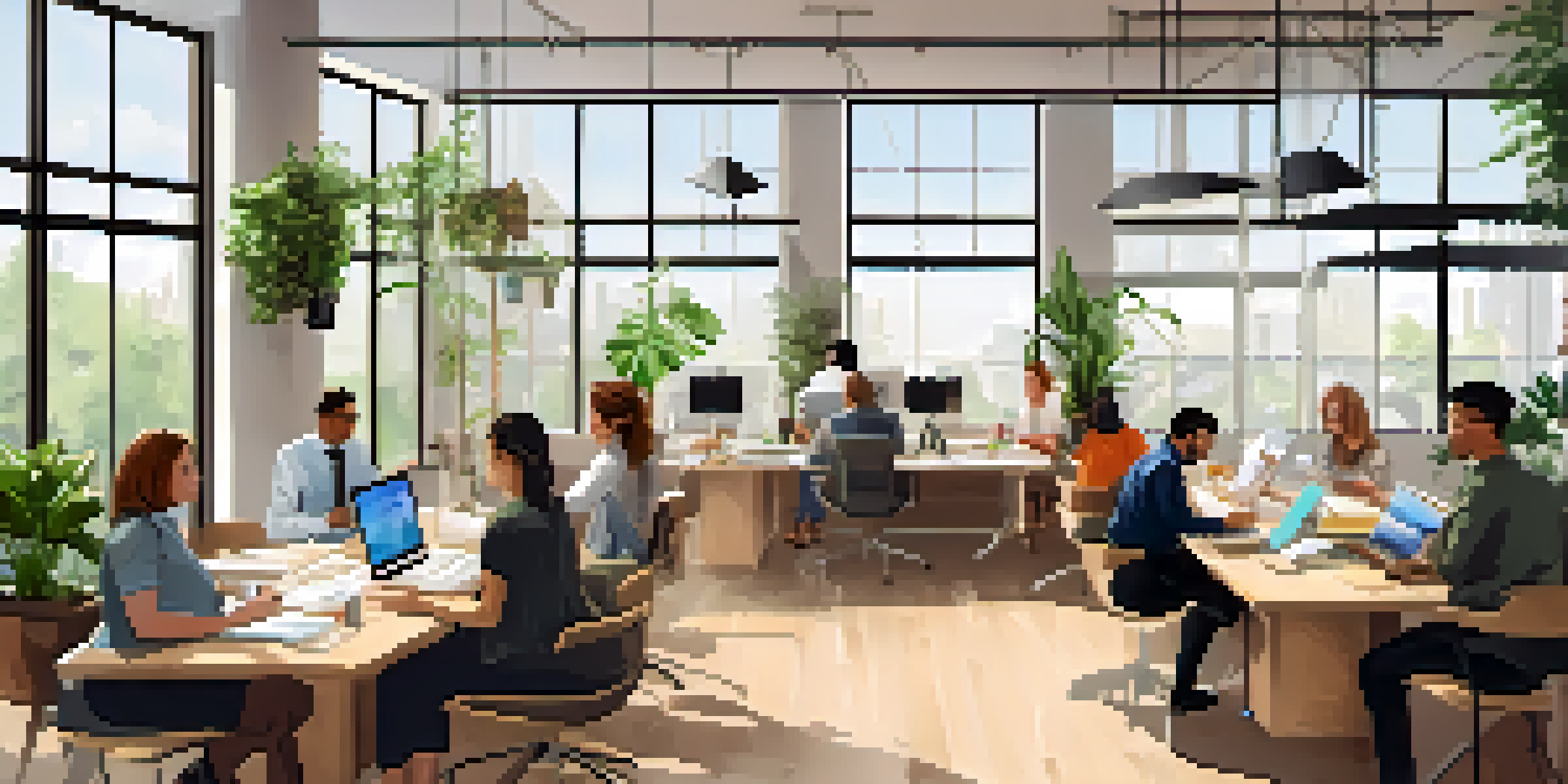 A diverse group of professionals collaborating in a bright office workshop, surrounded by greenery.