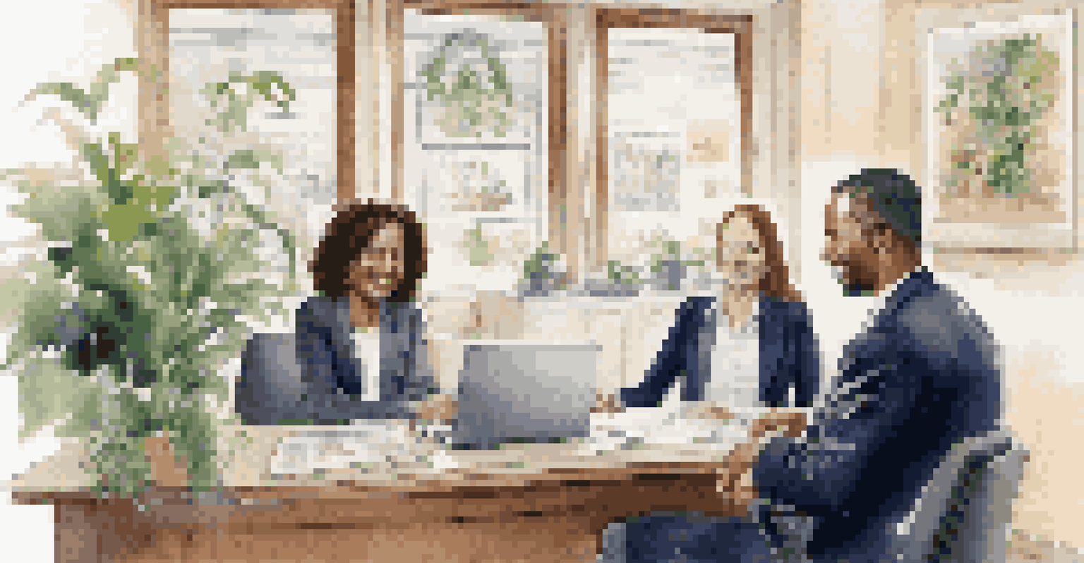An insurance agent showing insurance options on a laptop to a couple in a cozy office.