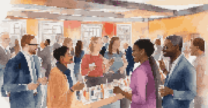 A diverse group of people networking and exchanging business cards in a warmly lit event space.