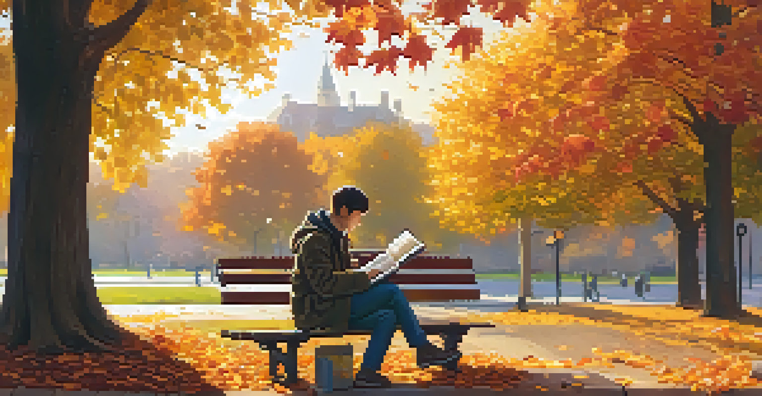 A person reading a book on a park bench surrounded by colorful autumn leaves, with a warm sunset in the background.