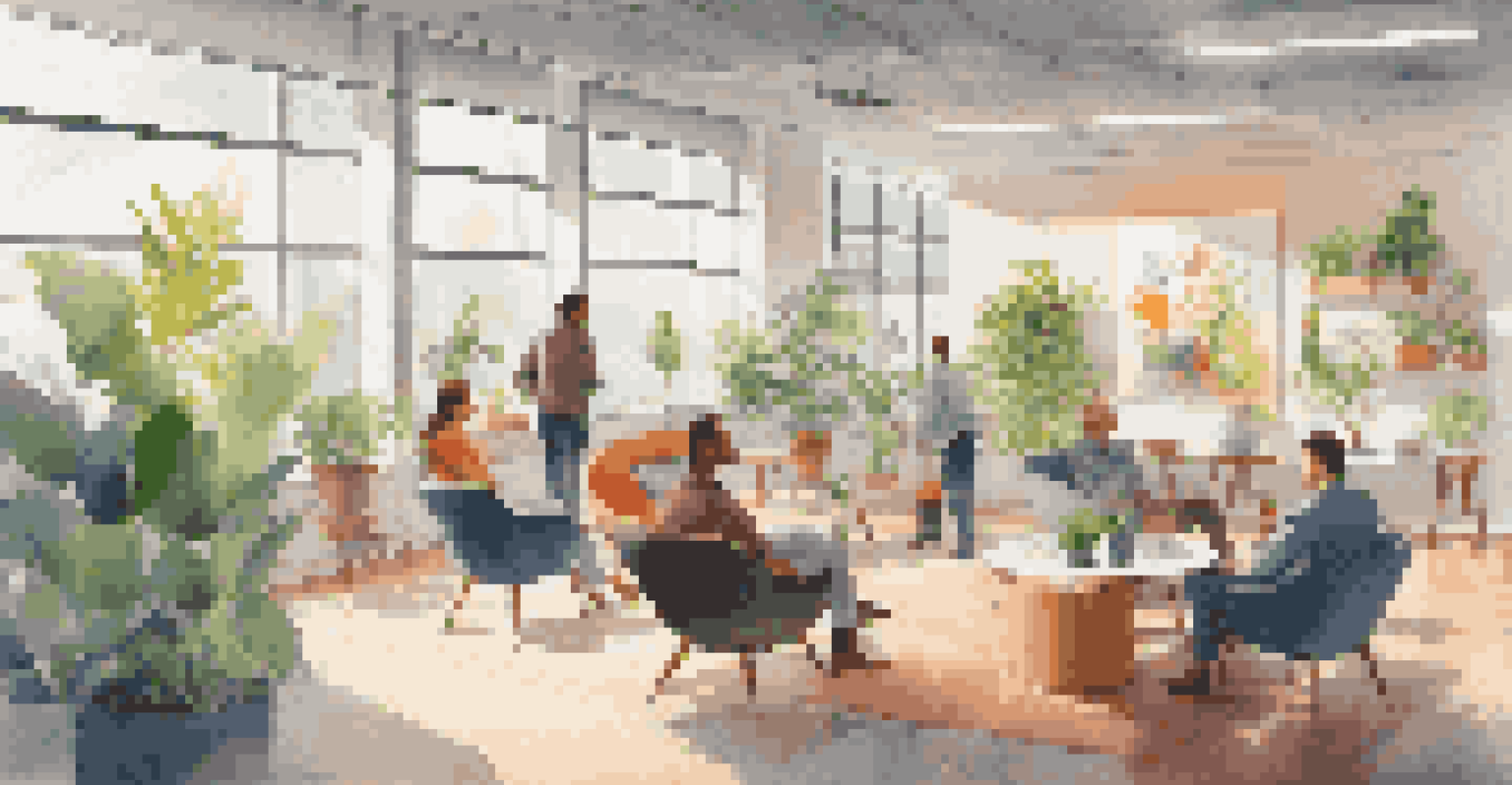 An open office space with employees casually interacting in small groups, surrounded by plants and bright artwork.