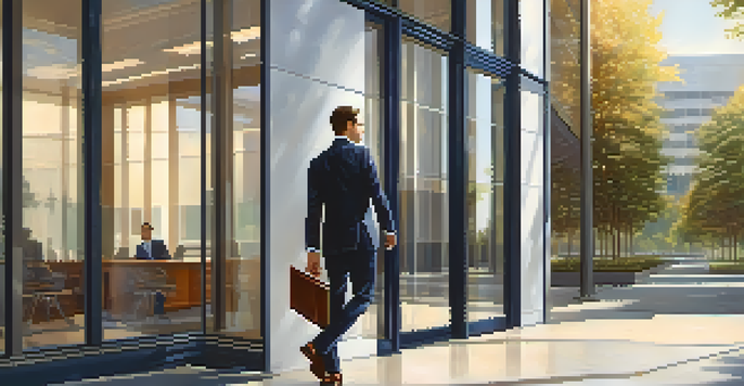 A young professional in a navy suit and white shirt, confidently entering a glass office building carrying a leather portfolio.