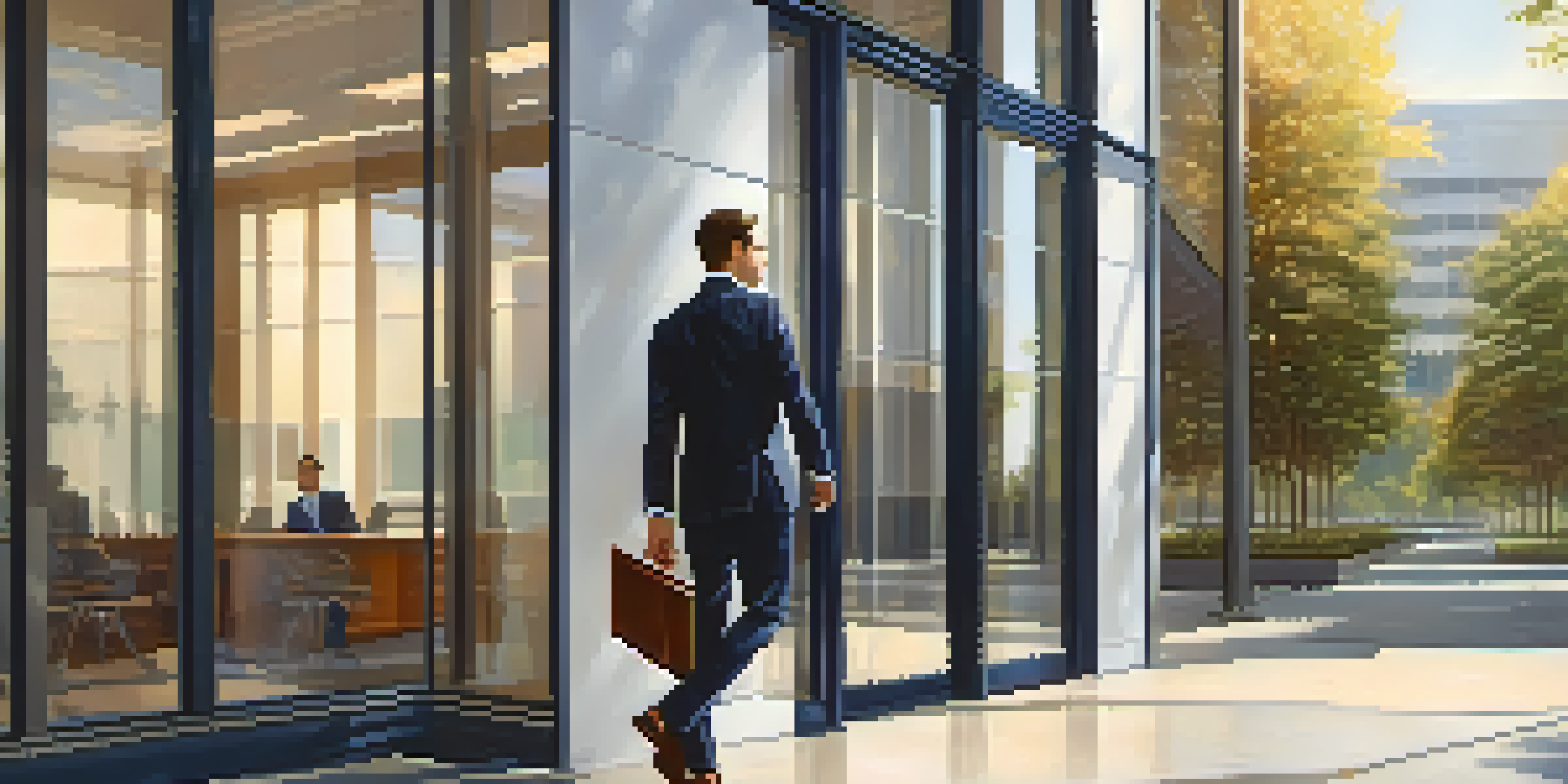 A young professional in a navy suit and white shirt, confidently entering a glass office building carrying a leather portfolio.
