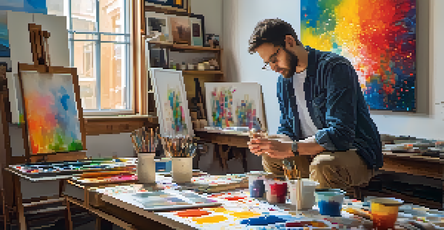 An artist in a cozy studio using a tablet with AI-generated art, surrounded by colorful paint and creative tools.