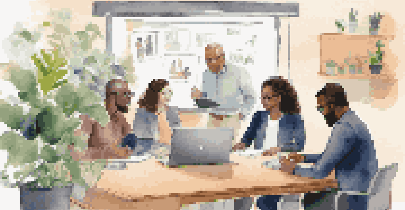 A laptop screen showing a virtual team meeting with diverse participants discussing, set against a well-organized desk with personal items.