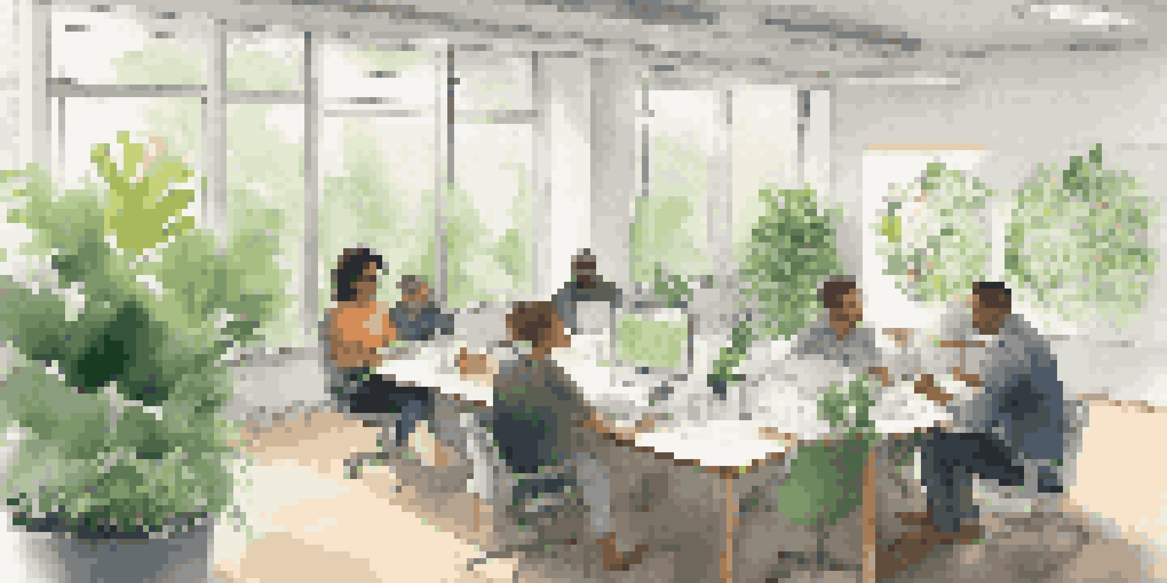 A diverse team in a bright office engaged in a feedback session around a round table, with notes and laptops visible.