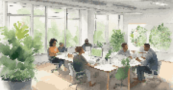 A diverse team in a bright office engaged in a feedback session around a round table, with notes and laptops visible.