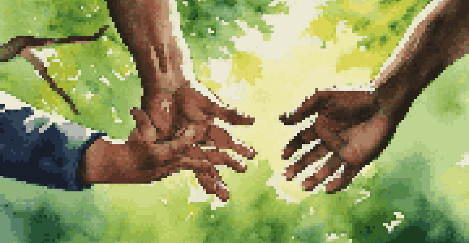 Hands ready to catch someone in a trust fall exercise, surrounded by a green park with sunlight filtering through trees.
