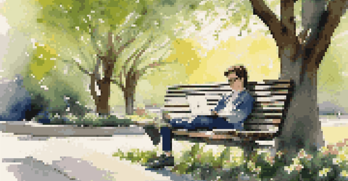 A recent graduate working on a laptop in a sunny park, surrounded by flowers and greenery.