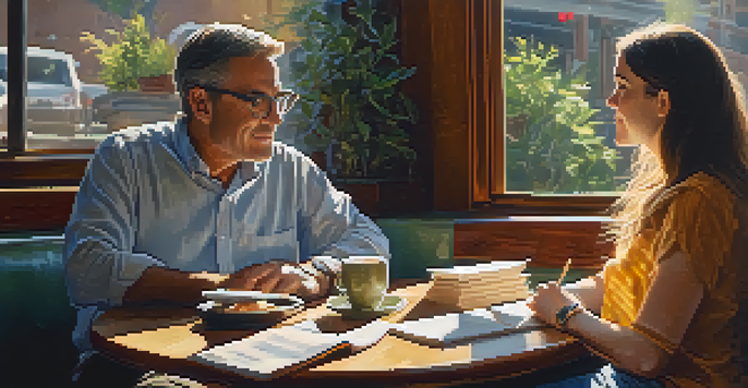 A middle-aged man and a young woman engaged in a mentoring conversation in a cozy coffee shop, with sunlight filtering through the window.