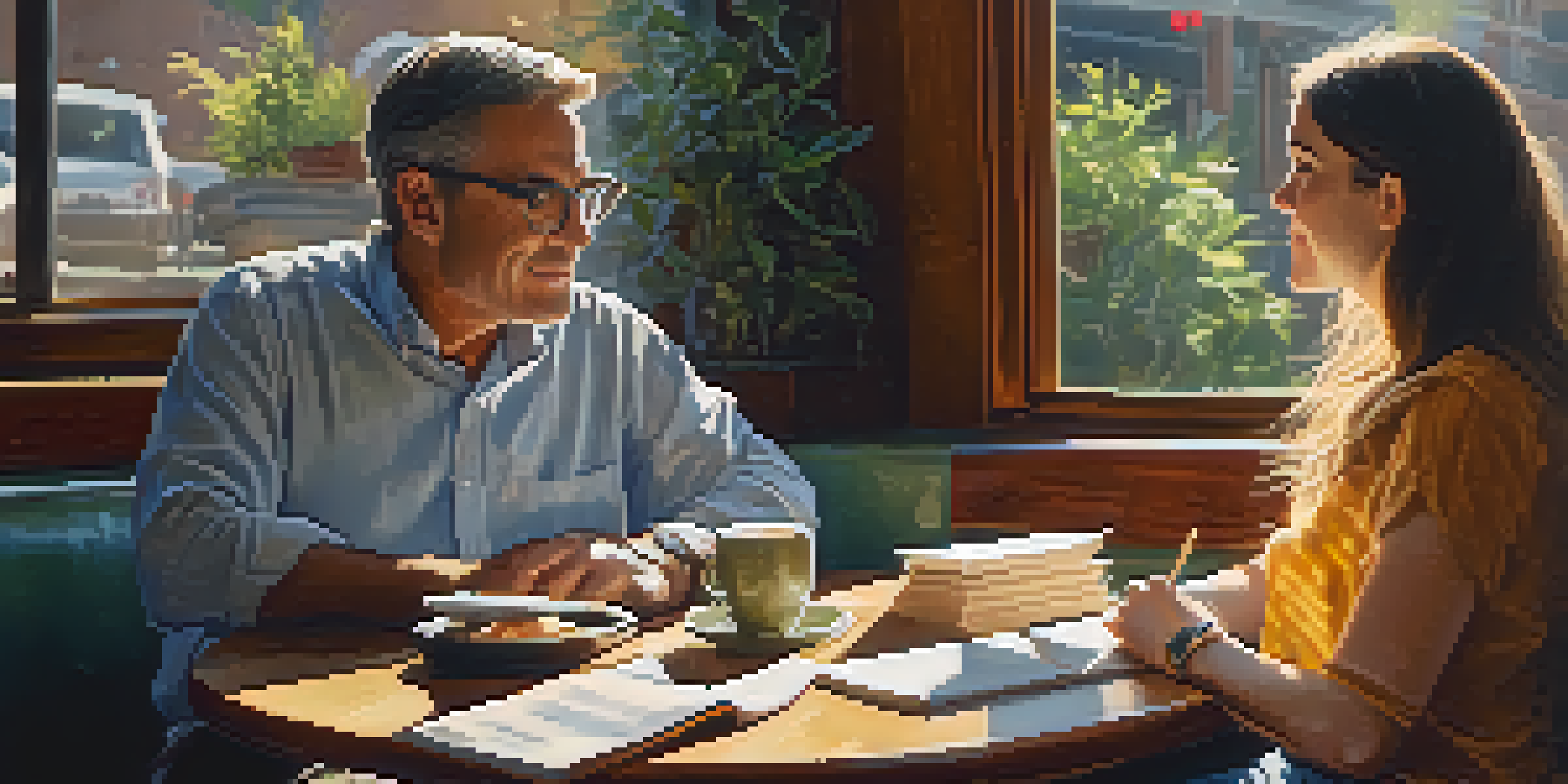 A middle-aged man and a young woman engaged in a mentoring conversation in a cozy coffee shop, with sunlight filtering through the window.