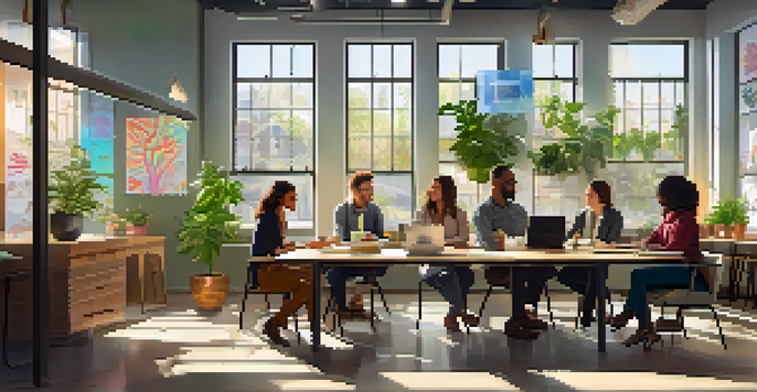 A bright, modern office with diverse employees collaborating at a table, surrounded by plants and positive affirmations on a chalkboard.