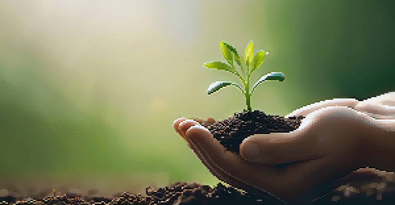 A hand holding a small sprouting plant in rich soil, symbolizing growth and resilience.