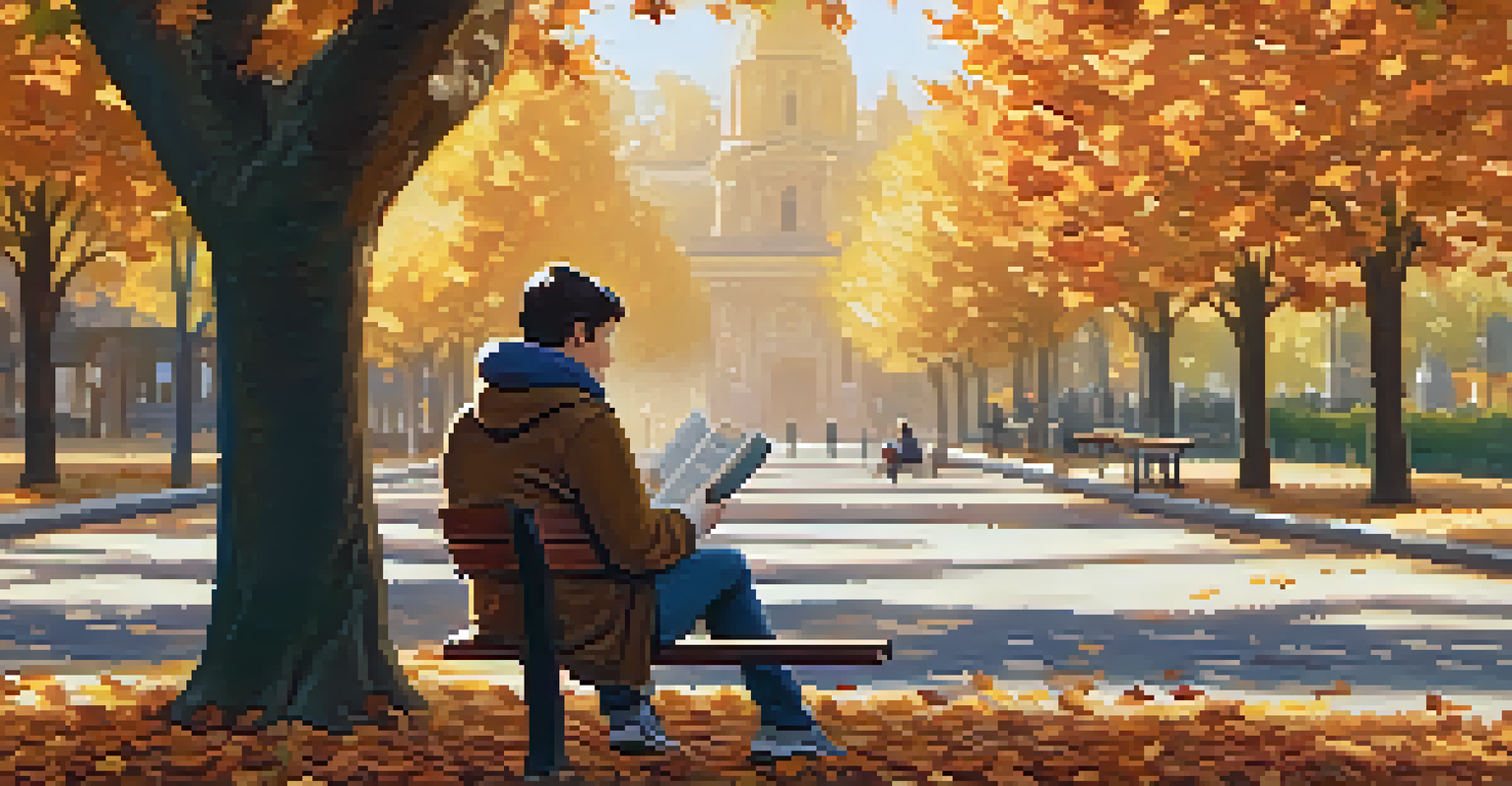 A person reading a book on a park bench covered with autumn leaves, illuminated by warm golden sunlight.