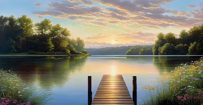 A sunrise over a tranquil lake with a wooden dock and lush greenery, creating a peaceful atmosphere.