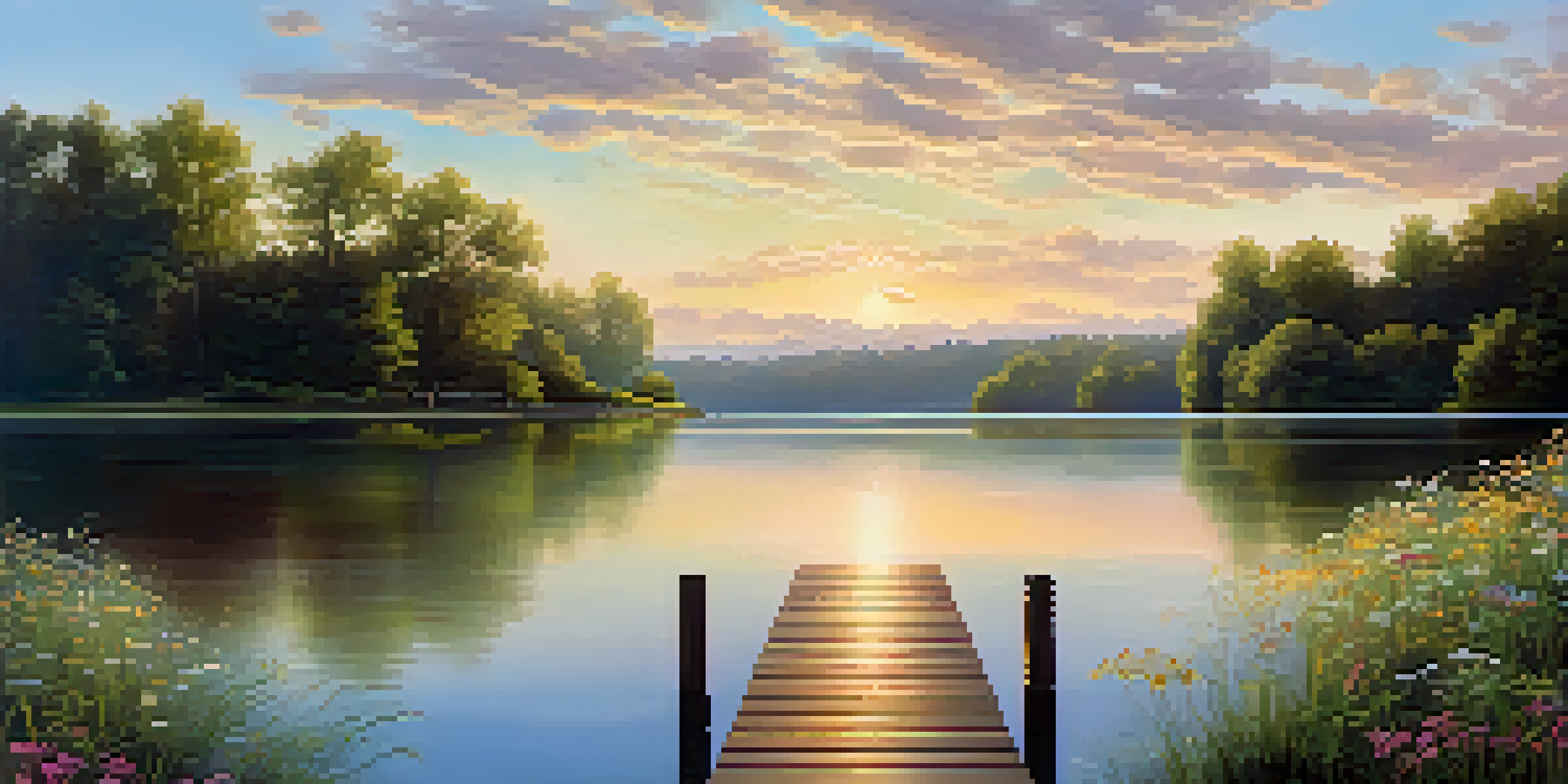 A sunrise over a tranquil lake with a wooden dock and lush greenery, creating a peaceful atmosphere.