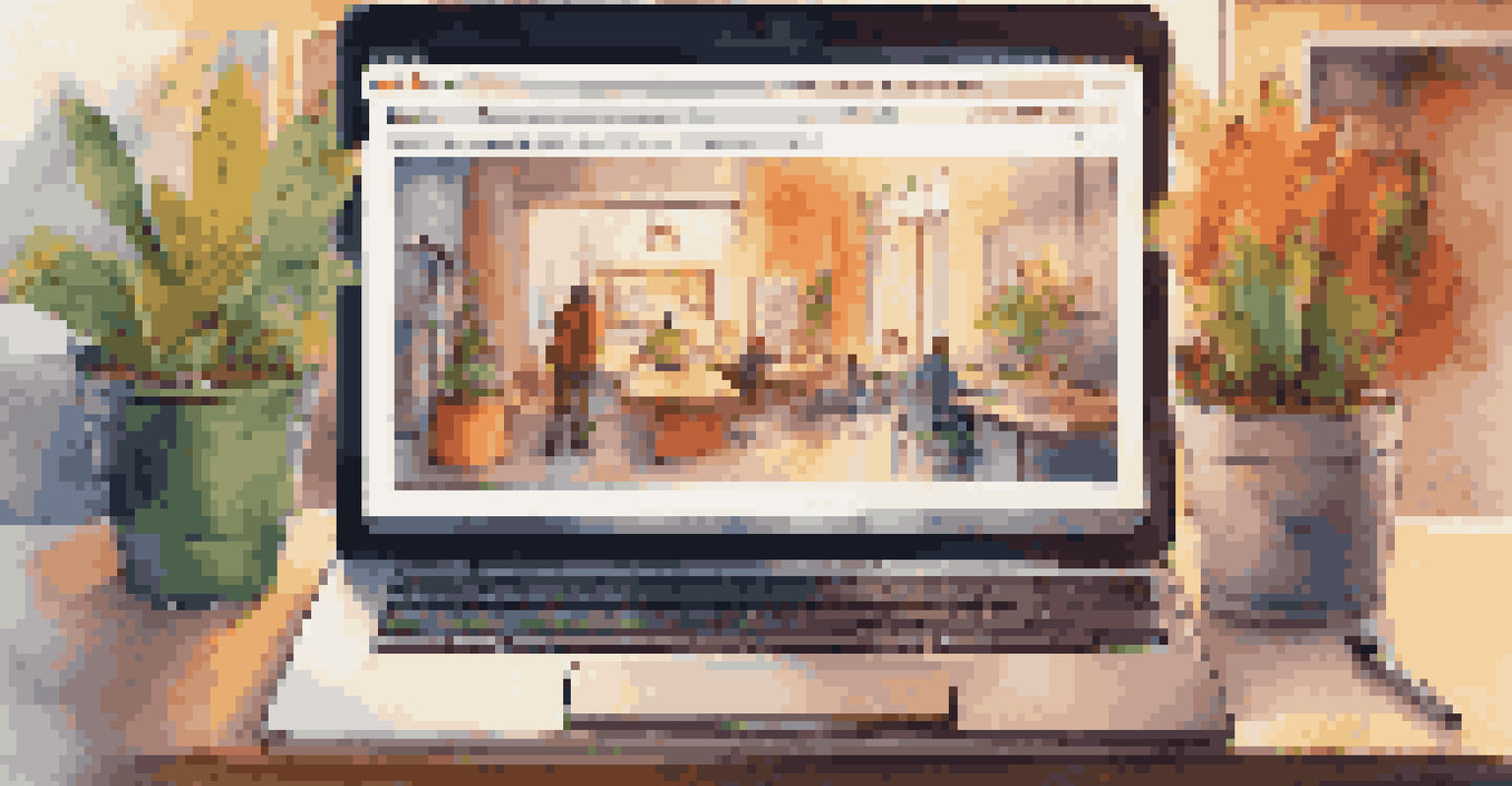 A laptop displaying a colorful digital portfolio against a softly blurred office background.