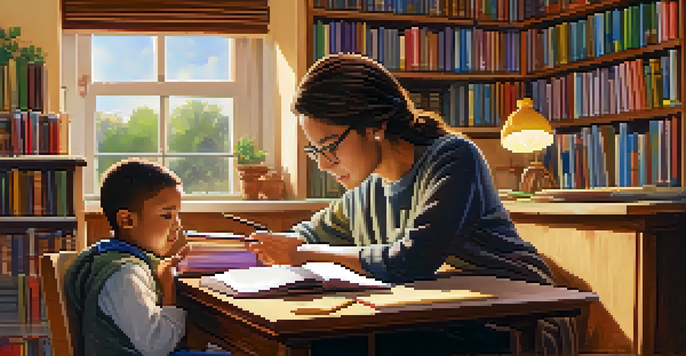 A tutor helping a child with studies in a bright, cozy room filled with books and learning materials.