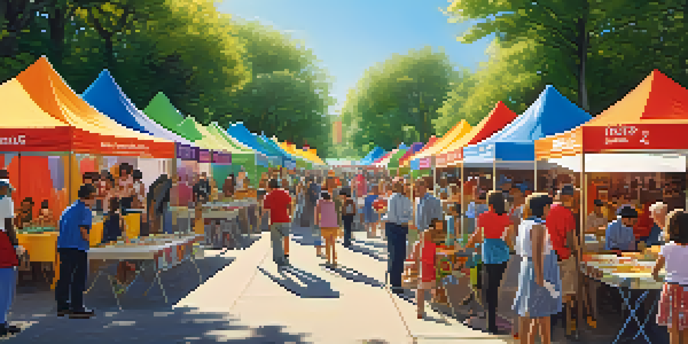 A lively community charity fair with diverse participants enjoying activities and colorful booths under sunlight.