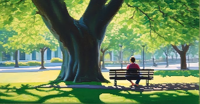 A person writing in a journal while sitting on a park bench surrounded by greenery and colorful flowers.