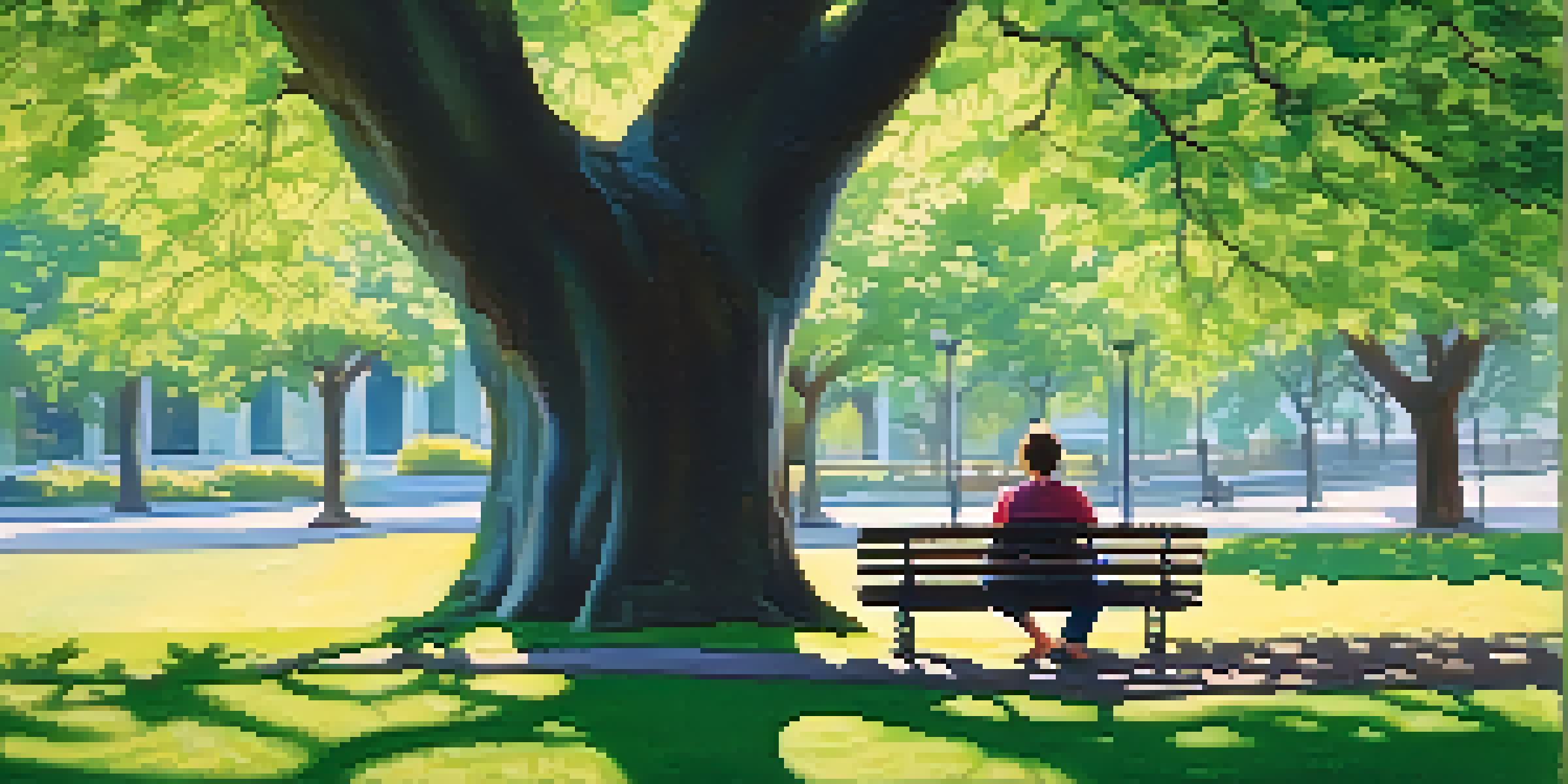 A person writing in a journal while sitting on a park bench surrounded by greenery and colorful flowers.
