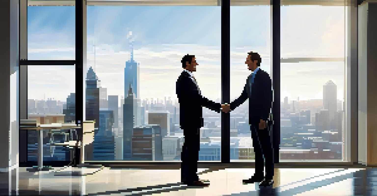 Two business professionals shaking hands in a bright office with a city skyline view, both individuals smiling and looking satisfied.
