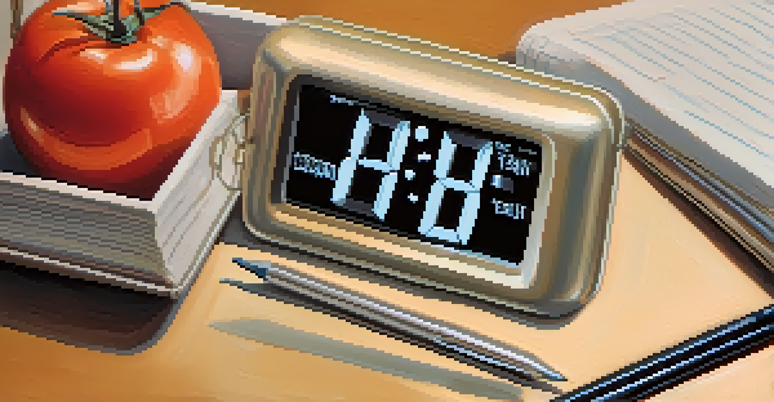 A modern timer set to 25 minutes on a desk next to a notebook and pencil, emphasizing time management techniques.