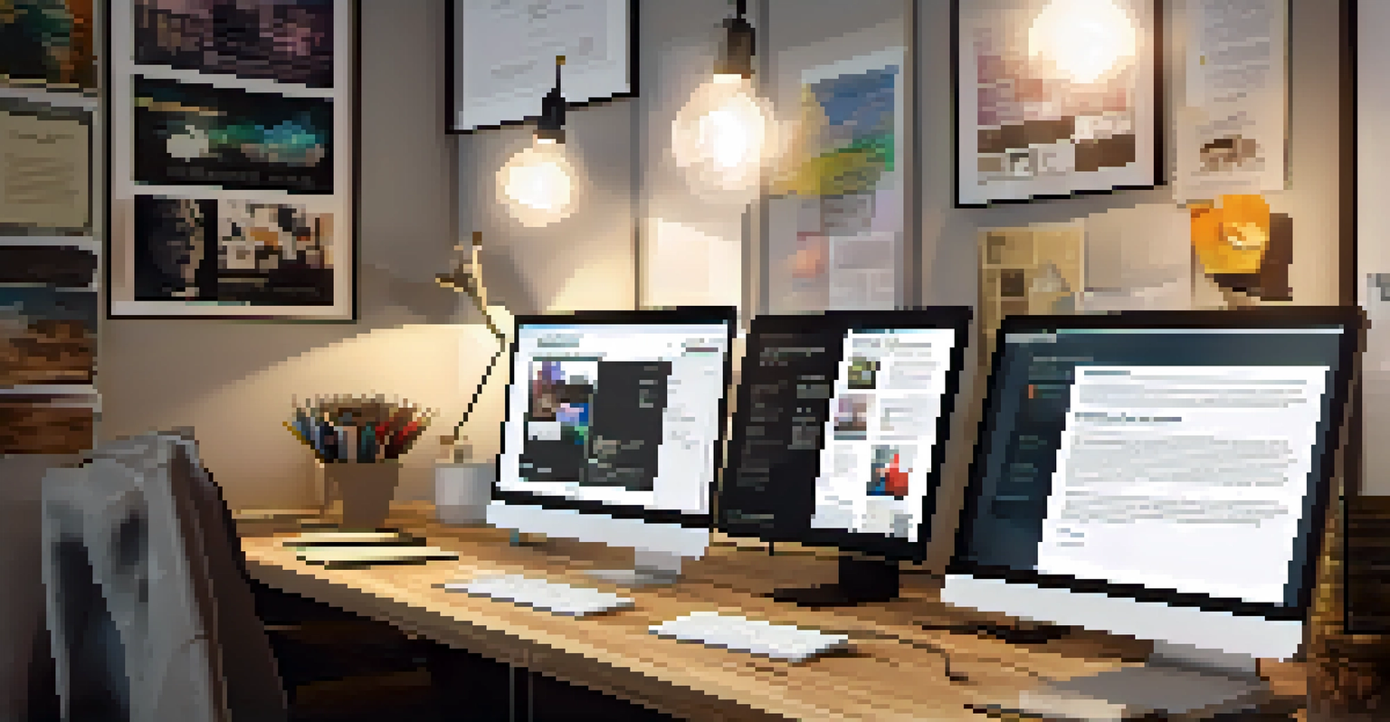 A creative workspace featuring a computer screen with a resume being customized, surrounded by stationery and inspirational quotes.