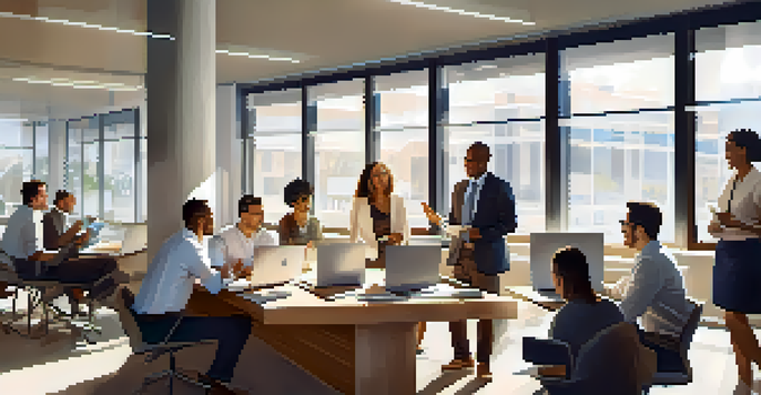 A diverse group of colleagues working together in an office, showcasing collaboration and positive interaction.