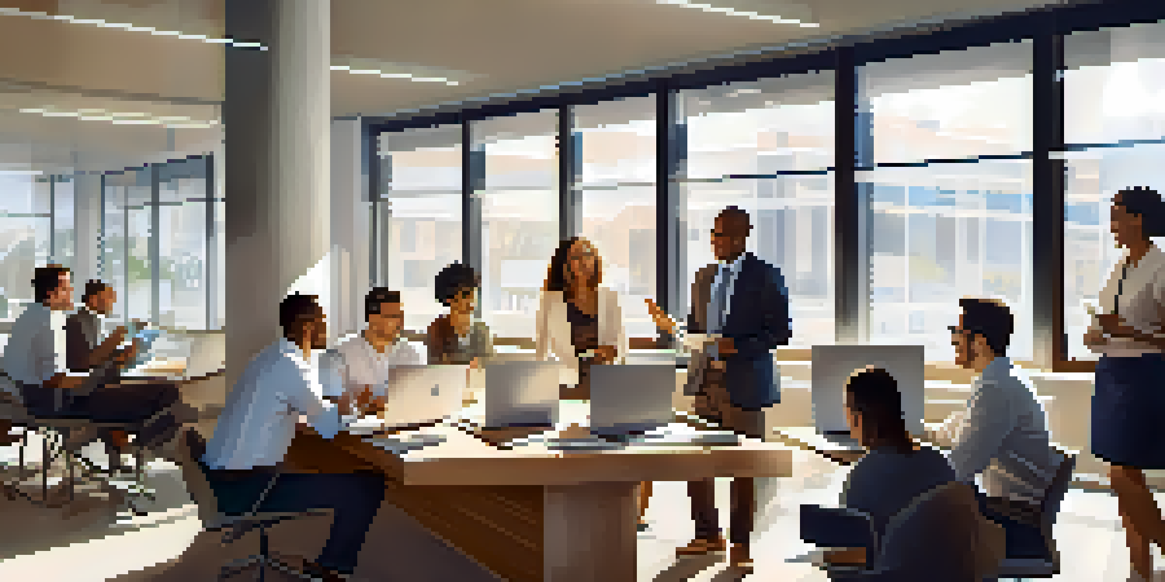 A diverse group of colleagues working together in an office, showcasing collaboration and positive interaction.