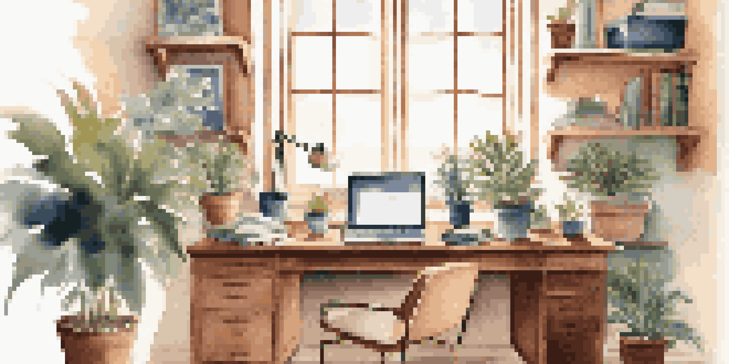 A cozy home office with a wooden desk, laptop, potted plants, and books, illuminated by soft morning light.