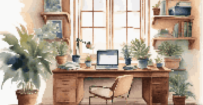 A cozy home office with a wooden desk, laptop, potted plants, and books, illuminated by soft morning light.