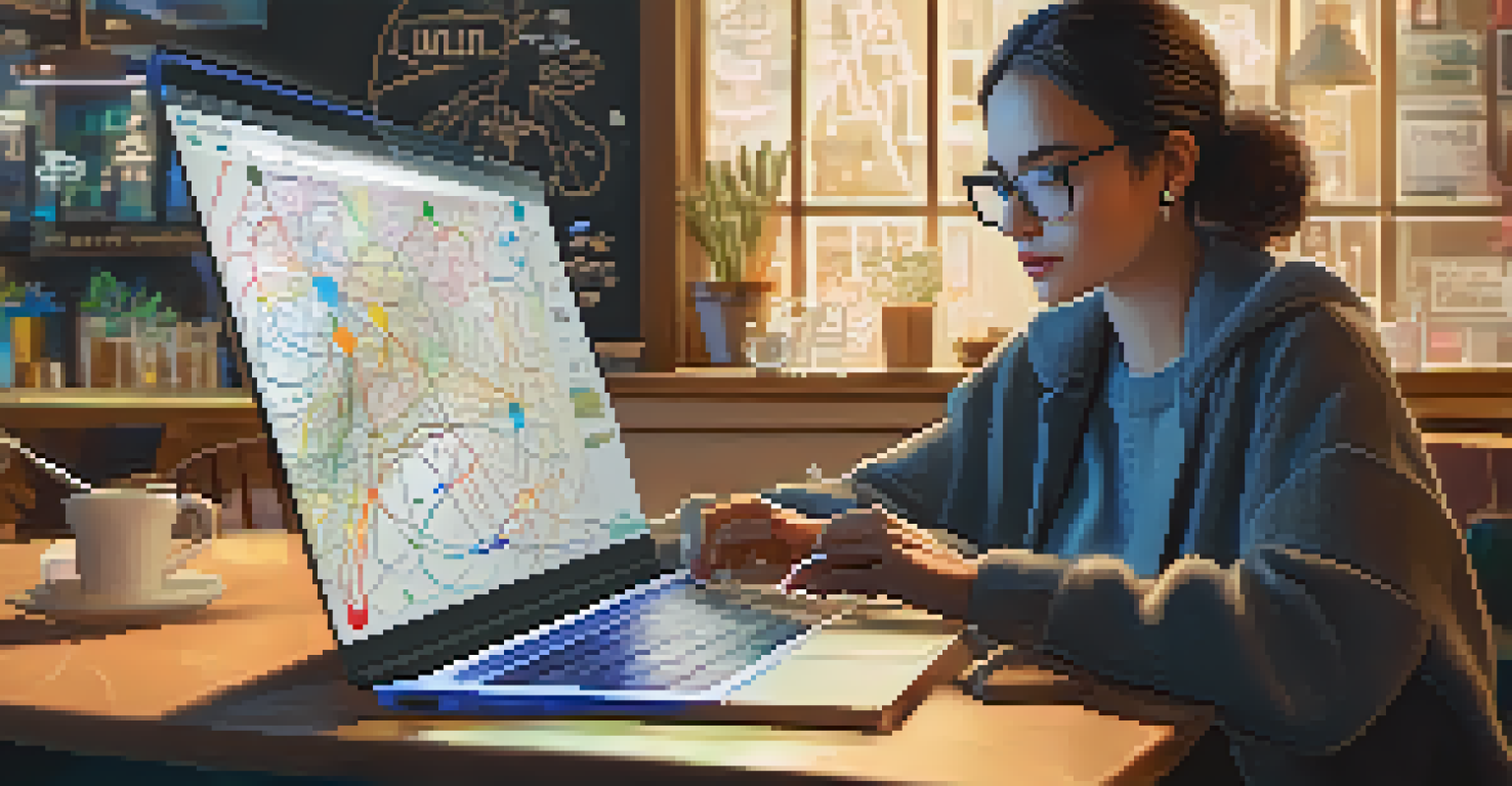 A person working on a laptop in a coffee shop, with a mind mapping software interface visible on the screen.