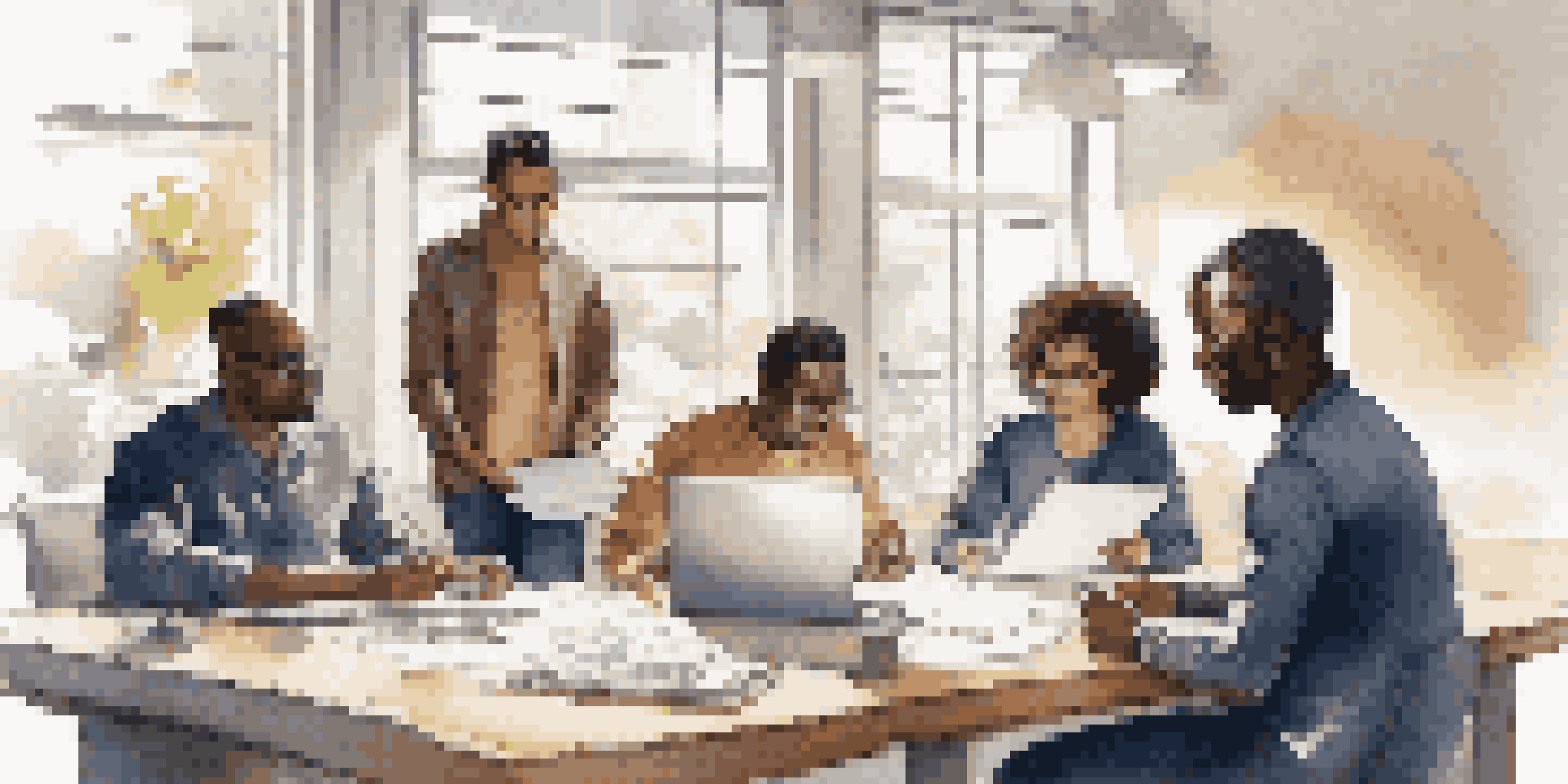 A diverse group of professionals working together at a table, collaborating on a project with laptops and notepads, illuminated by natural light.