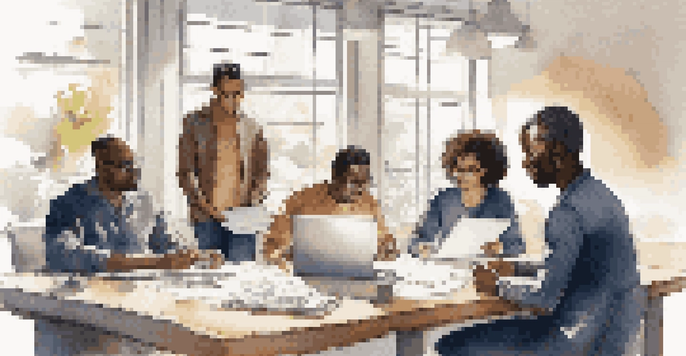 A diverse group of professionals working together at a table, collaborating on a project with laptops and notepads, illuminated by natural light.