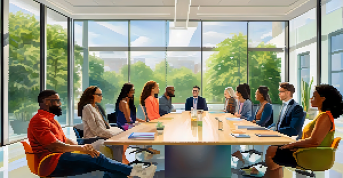 A diverse group of employees in a collaborative meeting, highlighting inclusivity and teamwork.