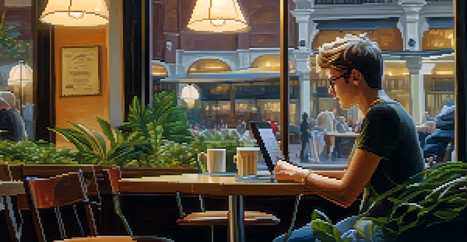 A person at a cafe with a laptop open, reviewing their resume, surrounded by warm lighting and decorative plants, creating a lively atmosphere.