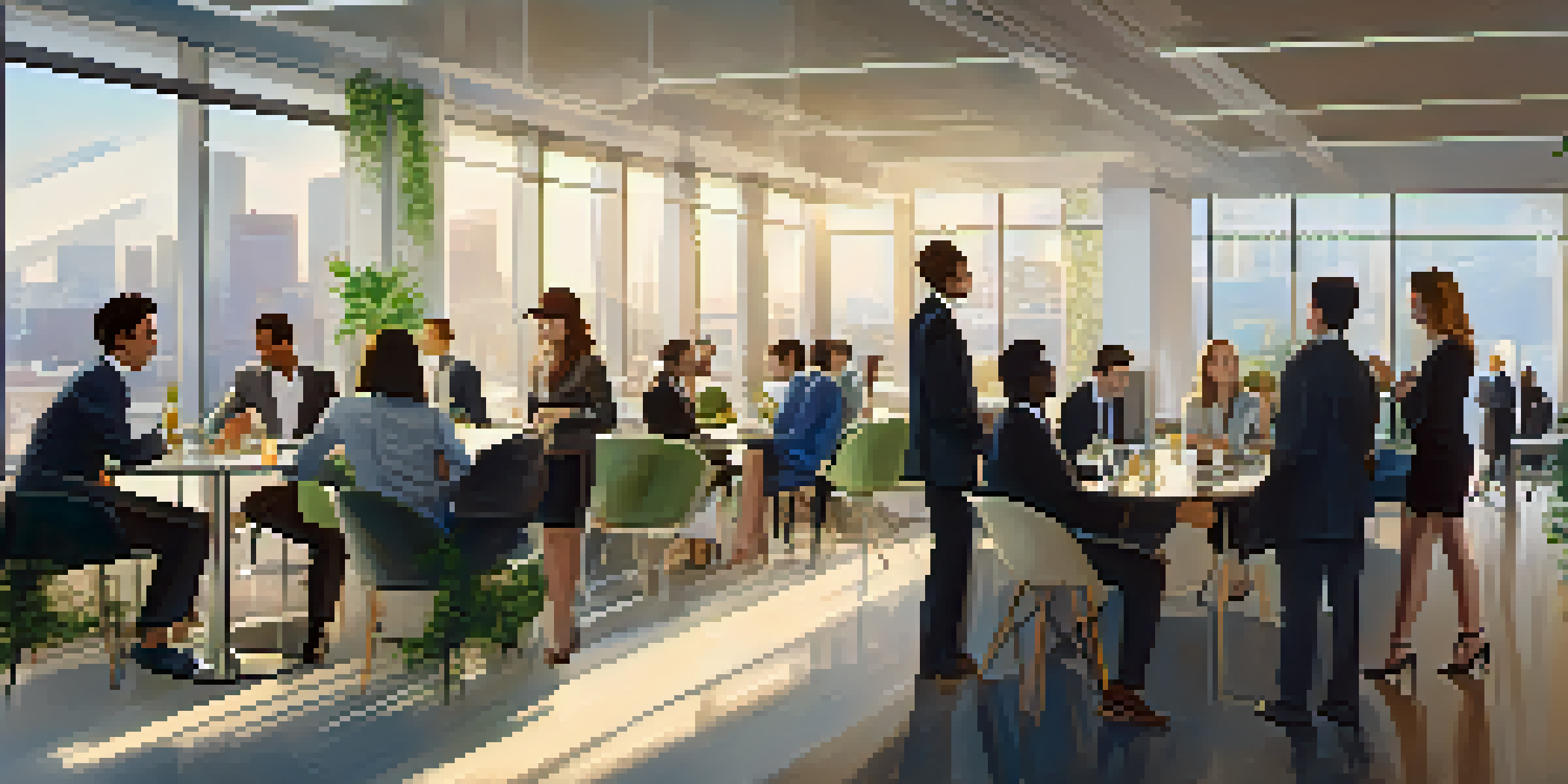 A group of young professionals at a networking event, engaging in conversations in a modern office.