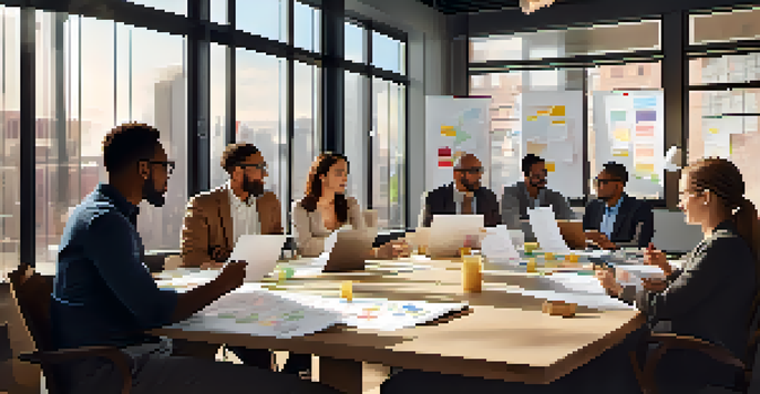A diverse group of professionals collaborating in a meeting, surrounded by charts and notes in a well-lit office space.