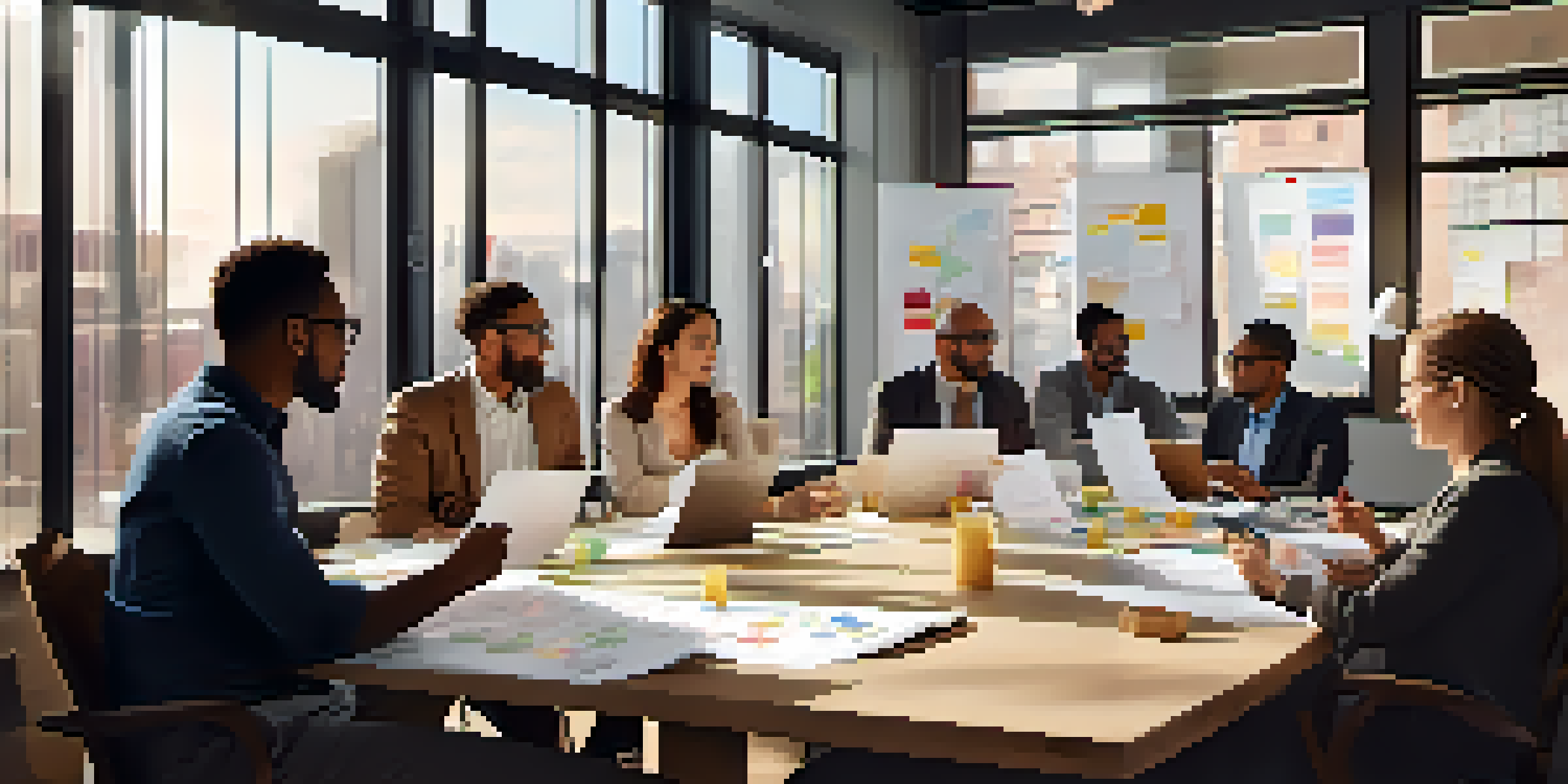 A diverse group of professionals collaborating in a meeting, surrounded by charts and notes in a well-lit office space.