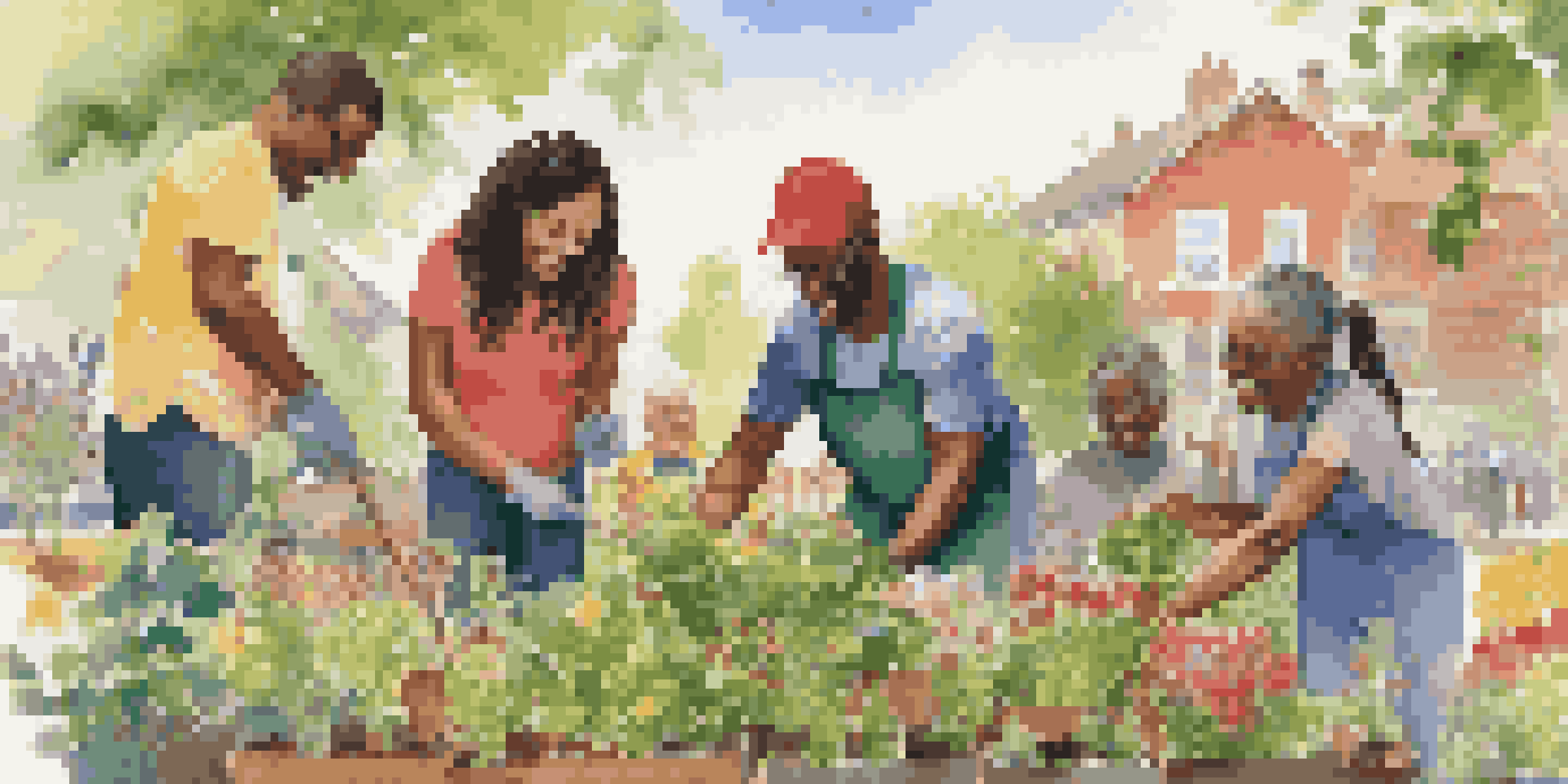 A diverse group of volunteers planting flowers in a community garden under bright sunlight, showcasing teamwork and community spirit.